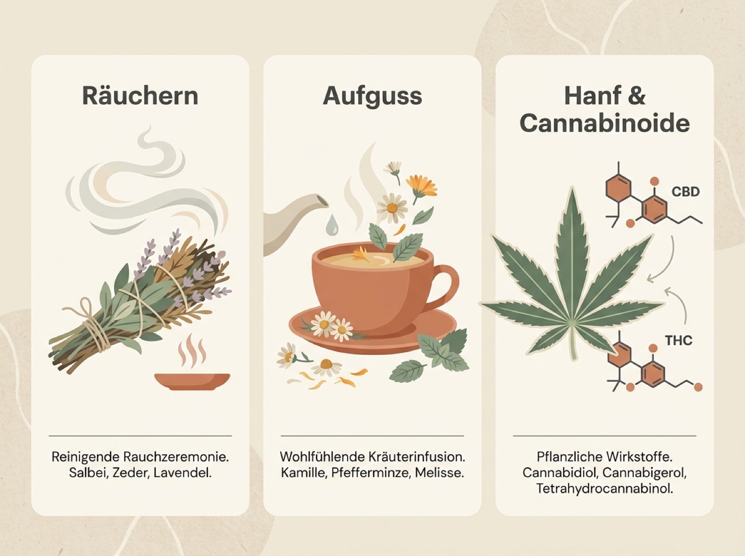 Infografik zu Pflanzen für Rituale: Anwendungsformen, Wirkstoffe und Dosierung