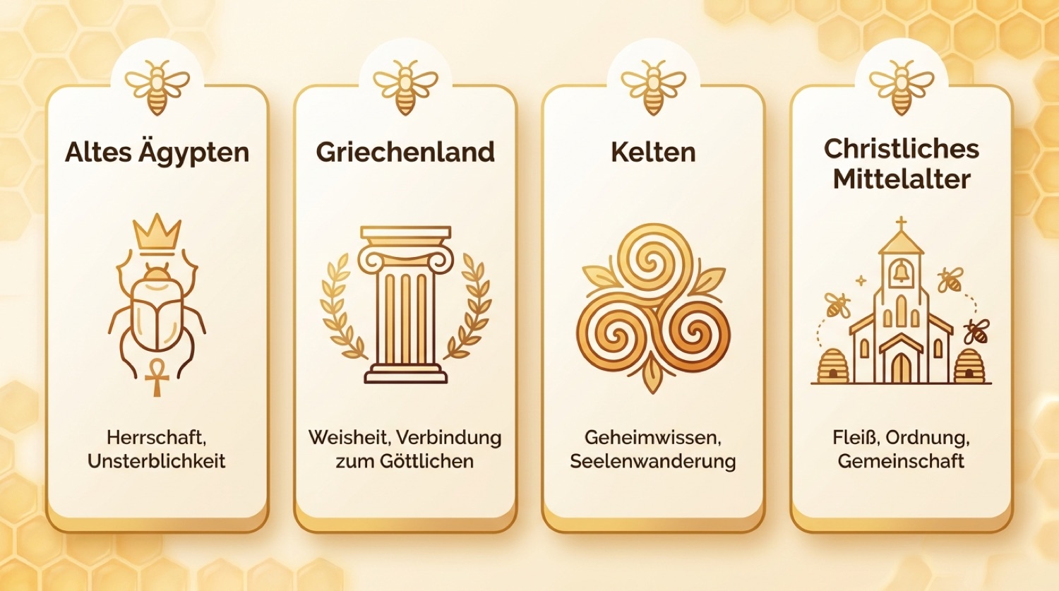 Infografik zur kulturellen Symbolik der Biene in Ägypten, Griechenland und im Mittelalter
