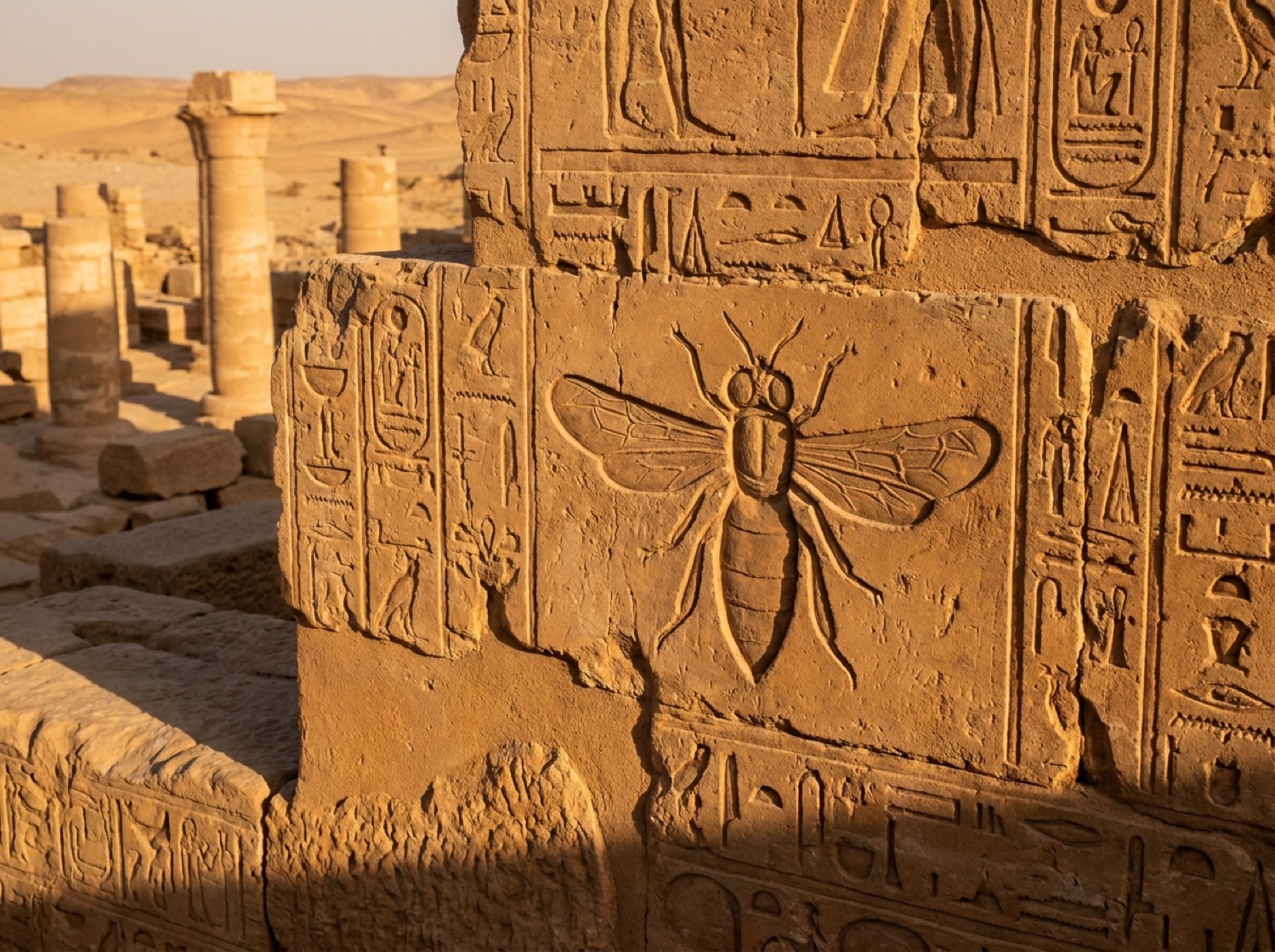 Antike Hieroglyphe und Relief einer Biene als Symbol für Herrschaft und Unsterblichkeit im alten Ägypten