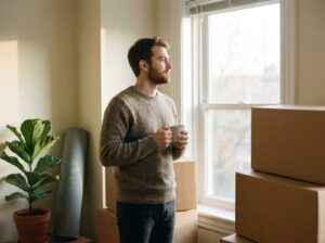 Junger Mann mit Teetasse blickt ruhig aus dem Fenster einer halb gepackten Wohnung