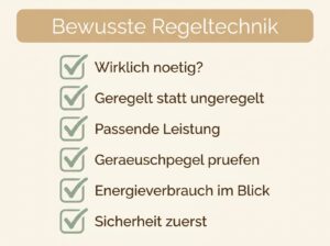 Checkliste-Infografik mit sechs Punkten für bewusste Regeltechnik im Zuhause