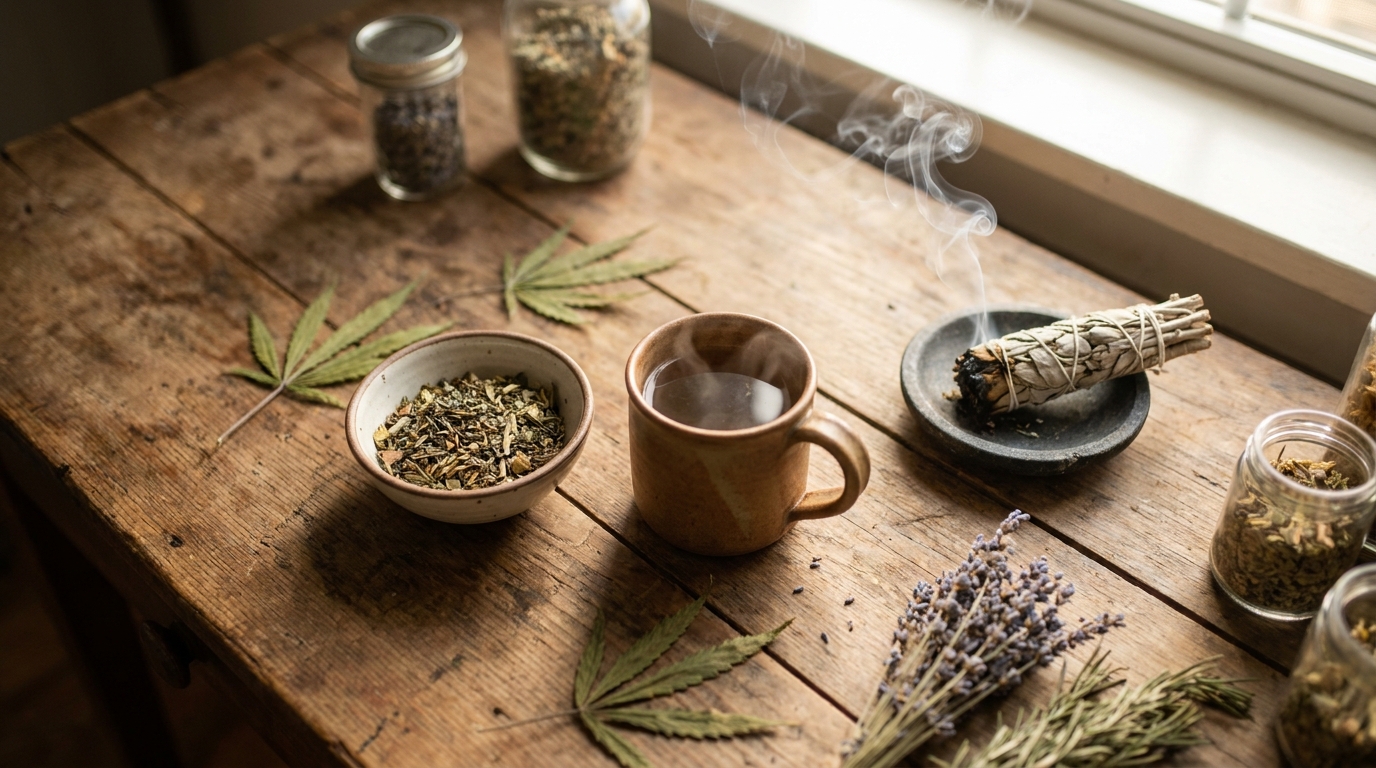 Getrocknete Räucherpflanzen und Kräutertee als Pflanzen für Rituale auf einem Holztisch